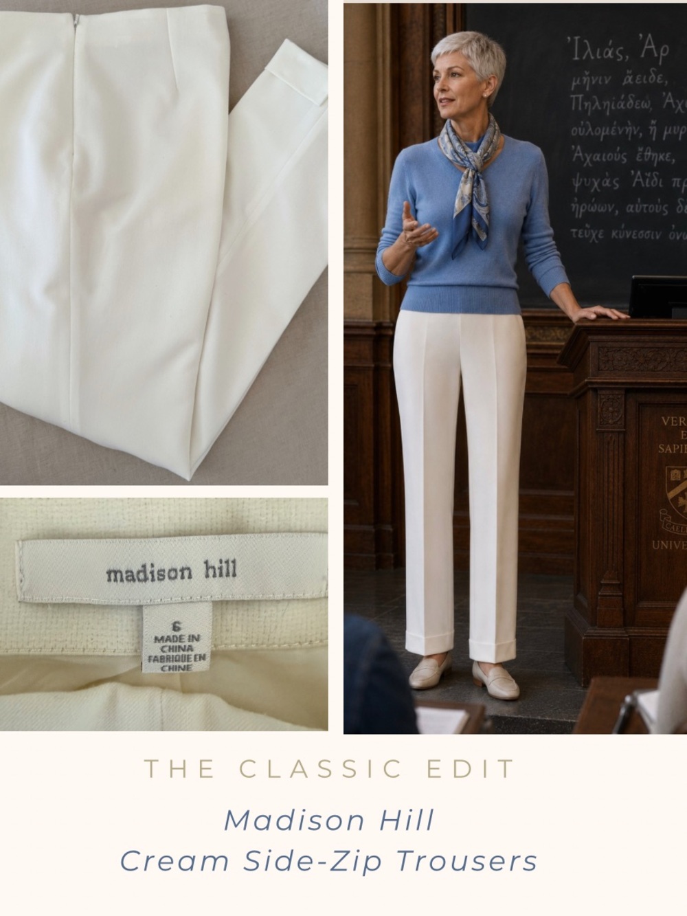 Madison Hill Cream Side-Zip Dress Pants | Fully Lined Flat Front Trousers